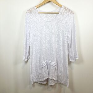 Habitat Top Womens Medium White 3/4 Sleeve Lagenlook Burnout Soft Fairy Damask